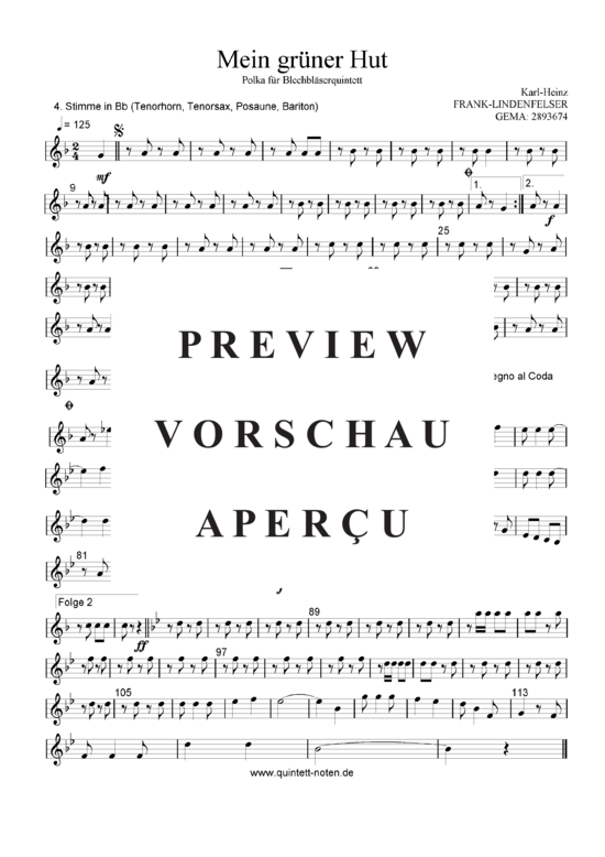 Produktgalerie: Seite 18 von 21 Mein Grüner Hut , Blasorchester Fatamo, (Blechbläser Quintett - Flexible Besetzung + Schlagzeug)