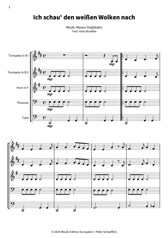 Produktgalerie: Seite 1 von 11 Ich schau´ den weißen Wolken nach, Nana Mouskouri, (Blechbläserquintett)