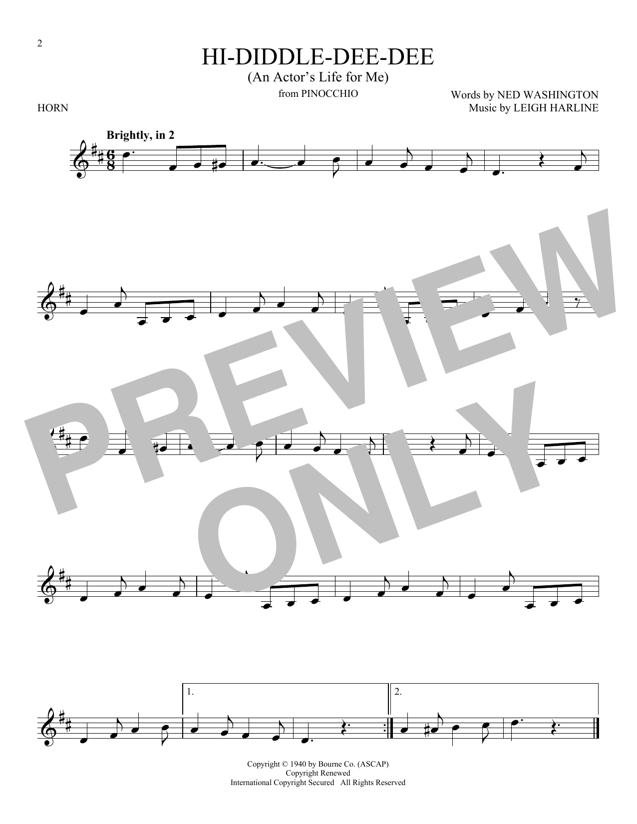 Produktgalerie: Seite 1 von 1 Hi-Diddle-Dee-Dee (An Actor's Life For Me) (from Pinocchio), Ned Washington & Leigh Harline, Horn