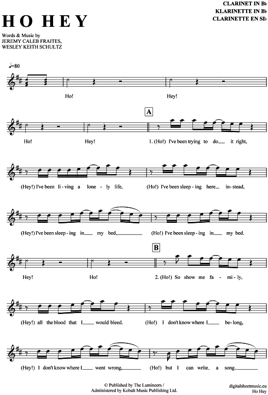 Product gallery: Page 1 of 4 Ho Hey , Lumineers, The, Clarinet in B-flat