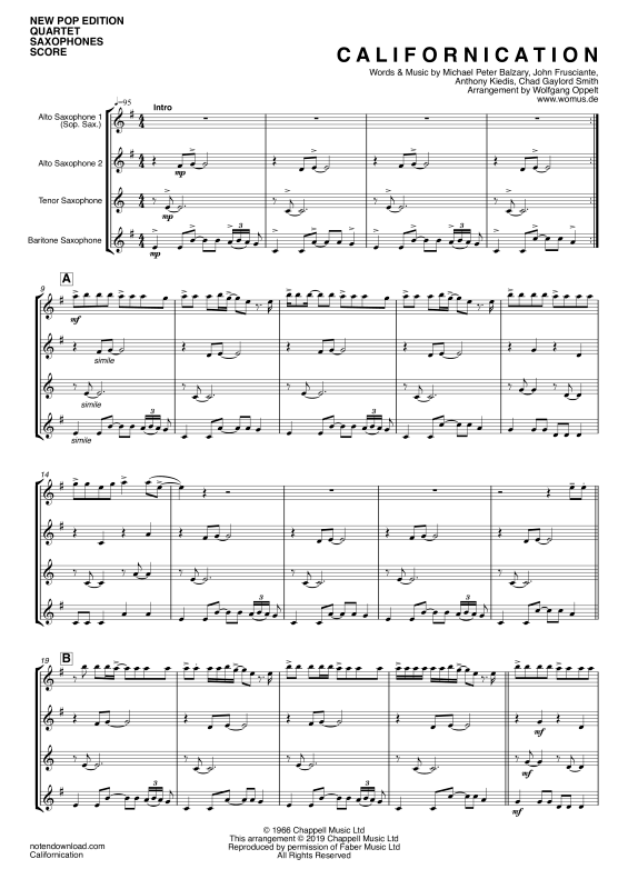 Product gallery: Page 1 of 11 Californication, Red Hot Chili Peppers, (Saxophone Quartet A(S)ATB)