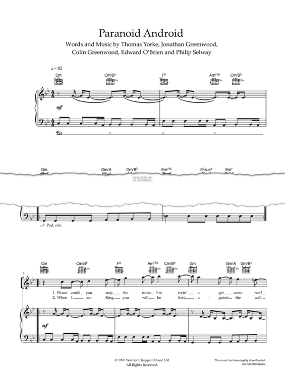 Produktgalerie: Seite 1 von 1 Paranoid Android, Radiohead, Gesang, Gitarre, Klavier