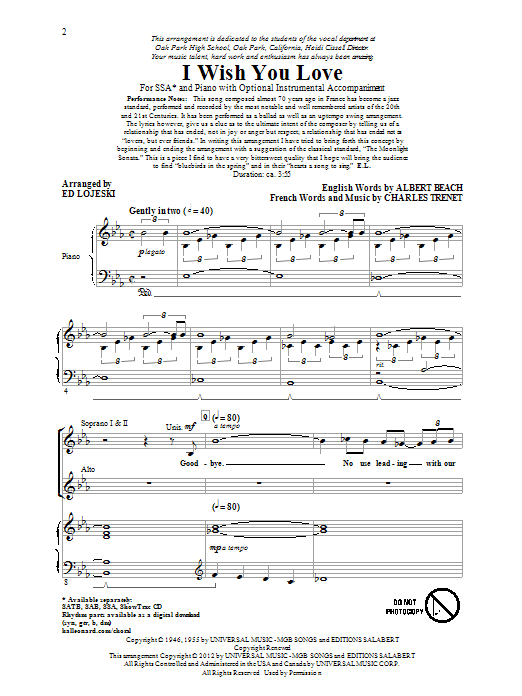 Produktgalerie: Seite 1 von 1 I Wish You Love (arr. Ed Lojeski), Gloria Lynne, Chor