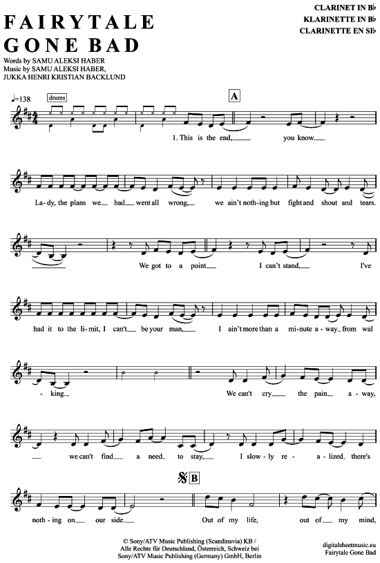 Product gallery: Page 1 of 4 Fairytale Gone Bad , Sunrise Avenue, Clarinet in B-flat