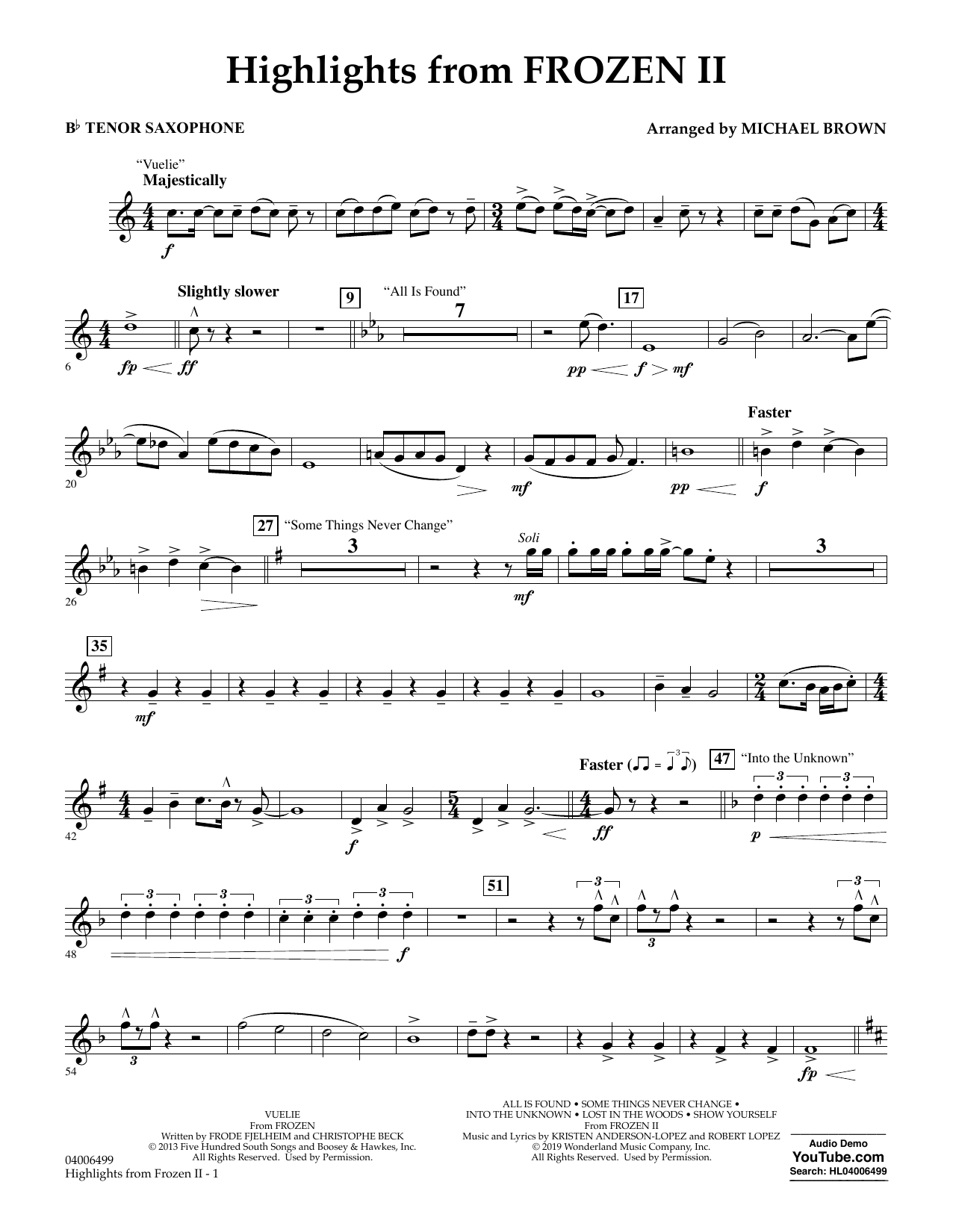 Produktbild zu: Highlights from Disney's Frozen 2 (arr. Michael Brown) - Bb Tenor Saxophone