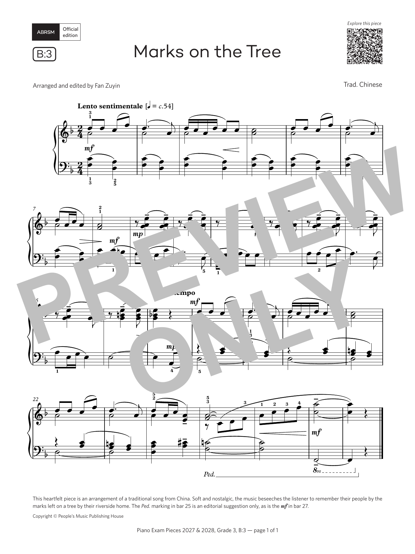 Product gallery: Page 1 of 1 Marks on the Tree (Grade 3, list B3, from the ABRSM Piano Syllabus 2027 & 2028), Traditional