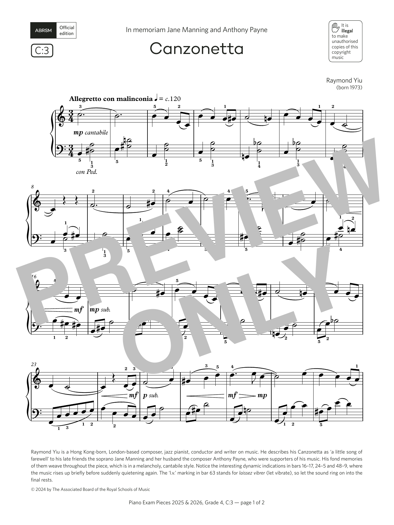 Produktbild zu:  Canzonetta (Grade 4, list C3, from the ABRSM Piano Syllabus 2025 & 2026) - Raymond Yiu