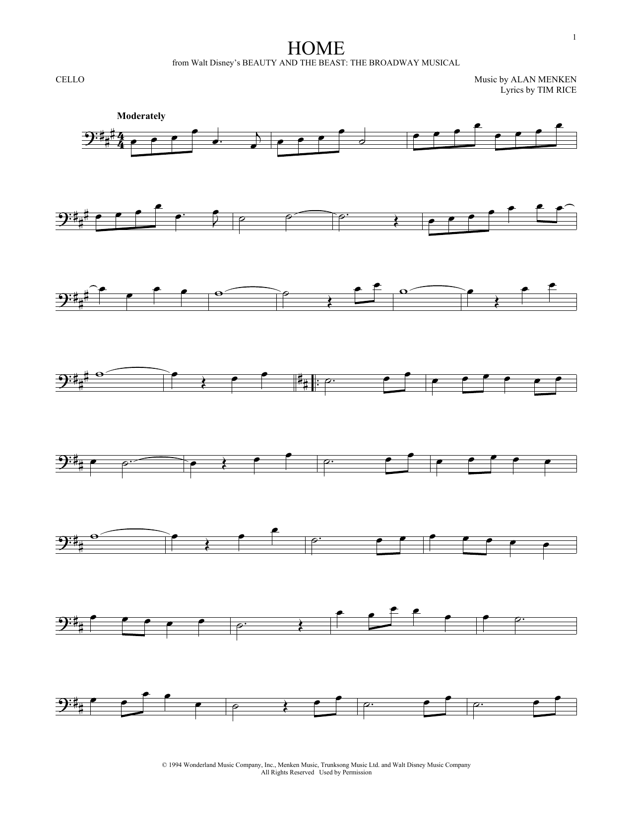 Produktgalerie: Seite 1 von 1 Home (from Beauty and the Beast: The Broadway Musical), Alan Menken, Violoncello