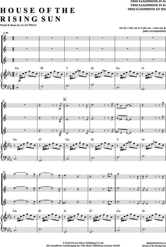 Product picture to: The House Of The Rising Sun (Saxophon Trio AAA(T) The Animals