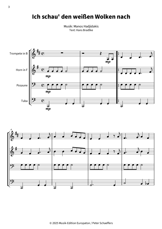 Produktgalerie: Seite 1 von 11 Ich schau´ den weißen Wolken nach, Nana Mouskouri, (Blechbläserquartett)