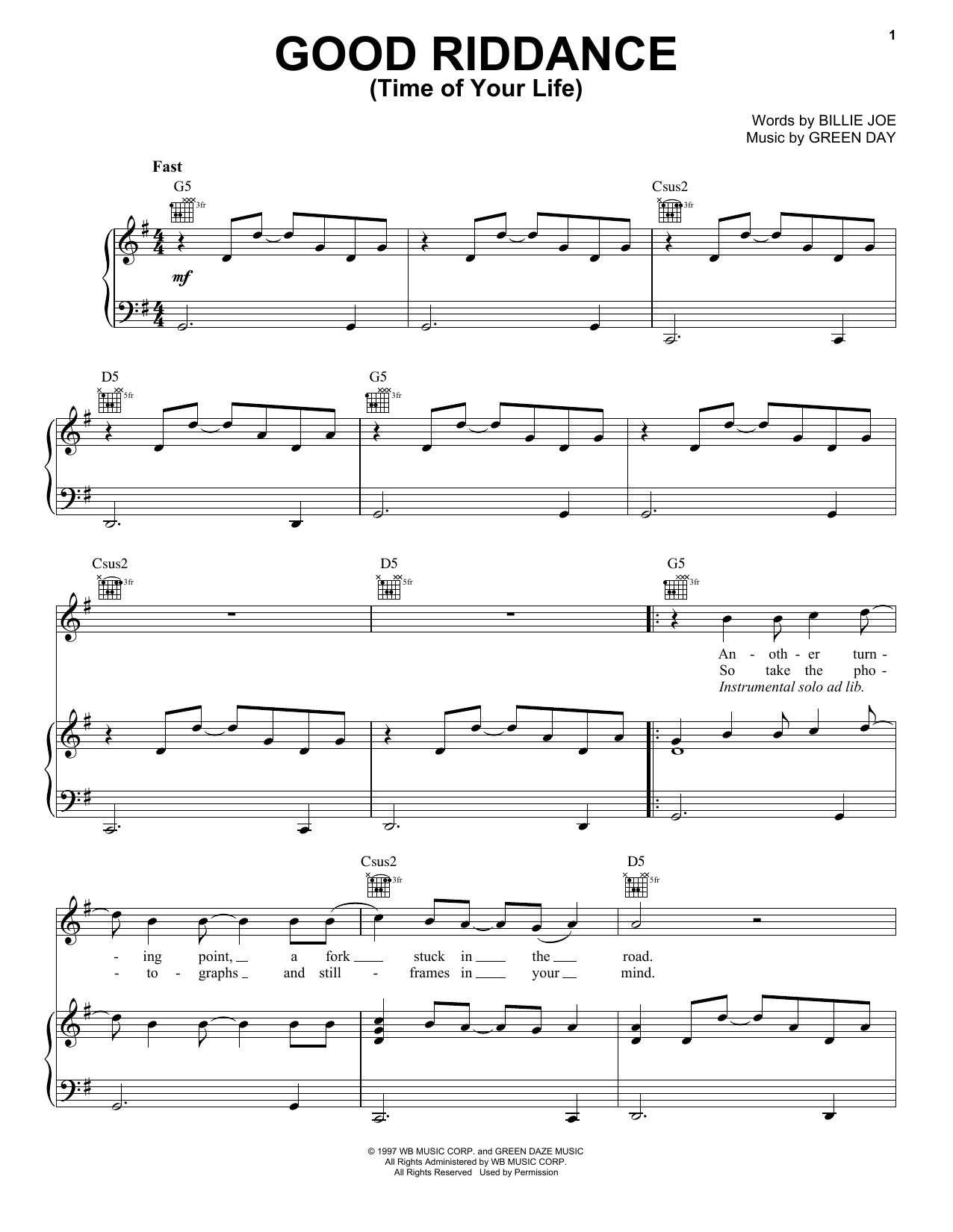 Produktgalerie: Seite 1 von 1 Good Riddance (Time Of Your Life), Green Day, Gesang, Gitarre, Klavier