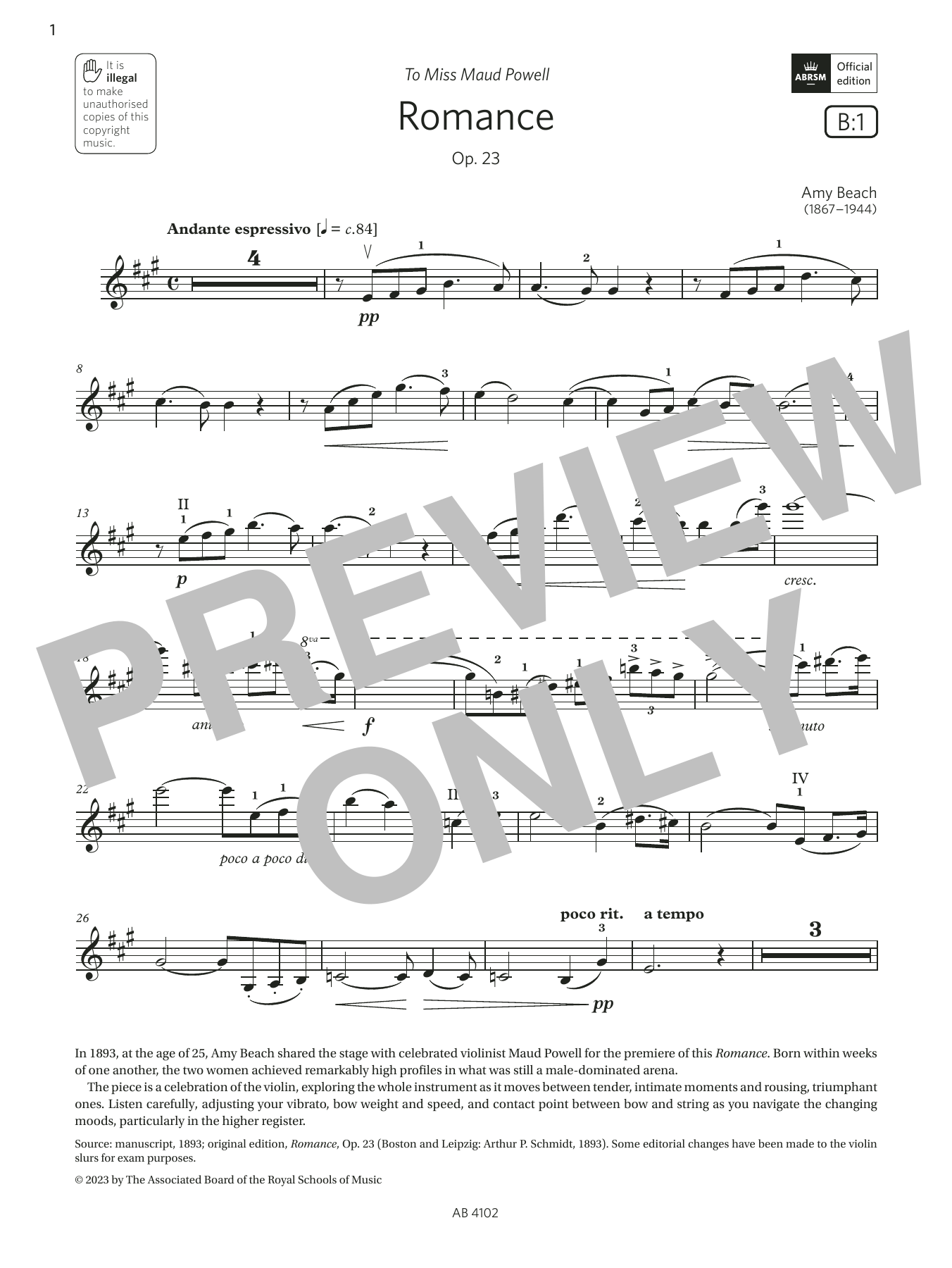 Produktbild zu:  Romance (Grade 8, B1, from the ABRSM Violin Syllabus from 2024) - Amy Beach