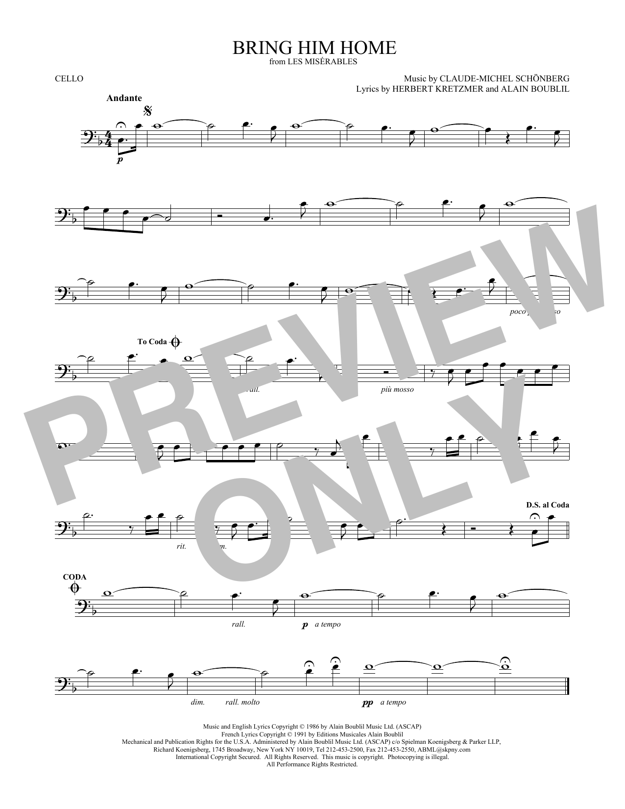 Produktgalerie: Seite 1 von 1 Bring Him Home, Claude-Michel Schönberg, Violoncello