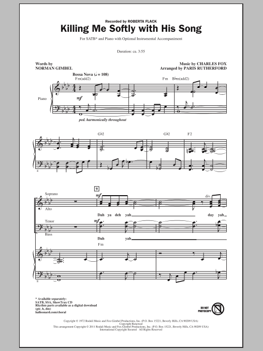Product picture to: Killing Me Softly With His Song (arr. Paris Rutherford)