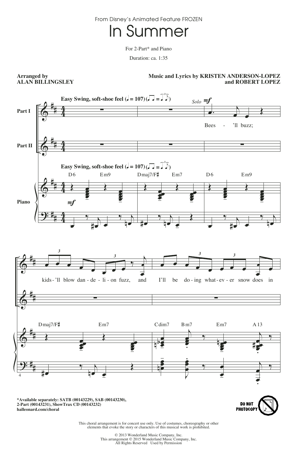 Produktbild zu: In Summer (from Frozen) (arr. Alan Billingsley)