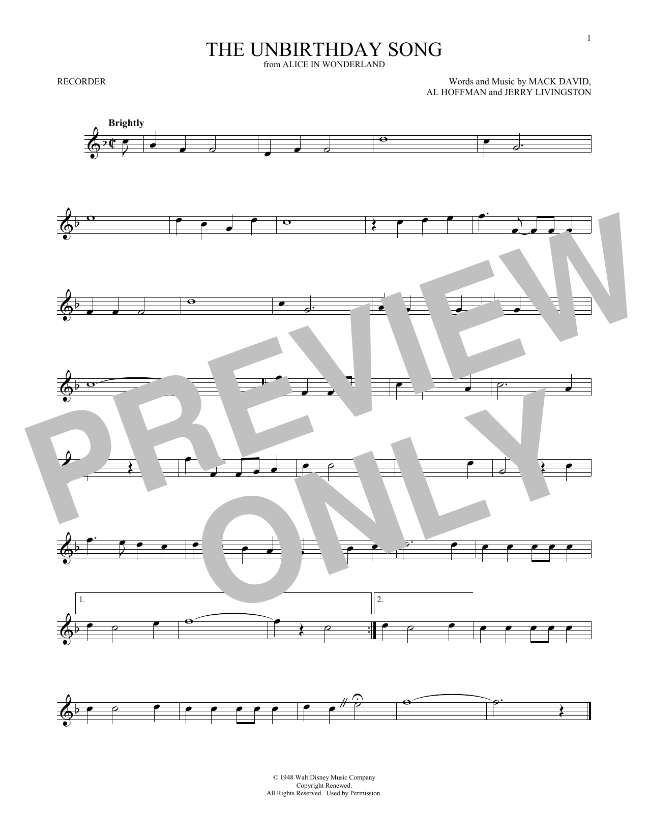 Product gallery: Page 1 of 1 The Unbirthday Song (from Alice In Wonderland), Mack David, Al Hoffman and Jerry Livingston