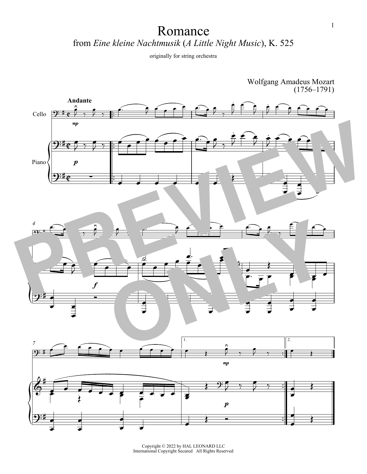 Produktgalerie: Seite 1 von 1 Eine Kleine Nachtmusik ("Romance"), Second Movement, Wolfgang Amadeus Mozart, Klavier, Violoncello