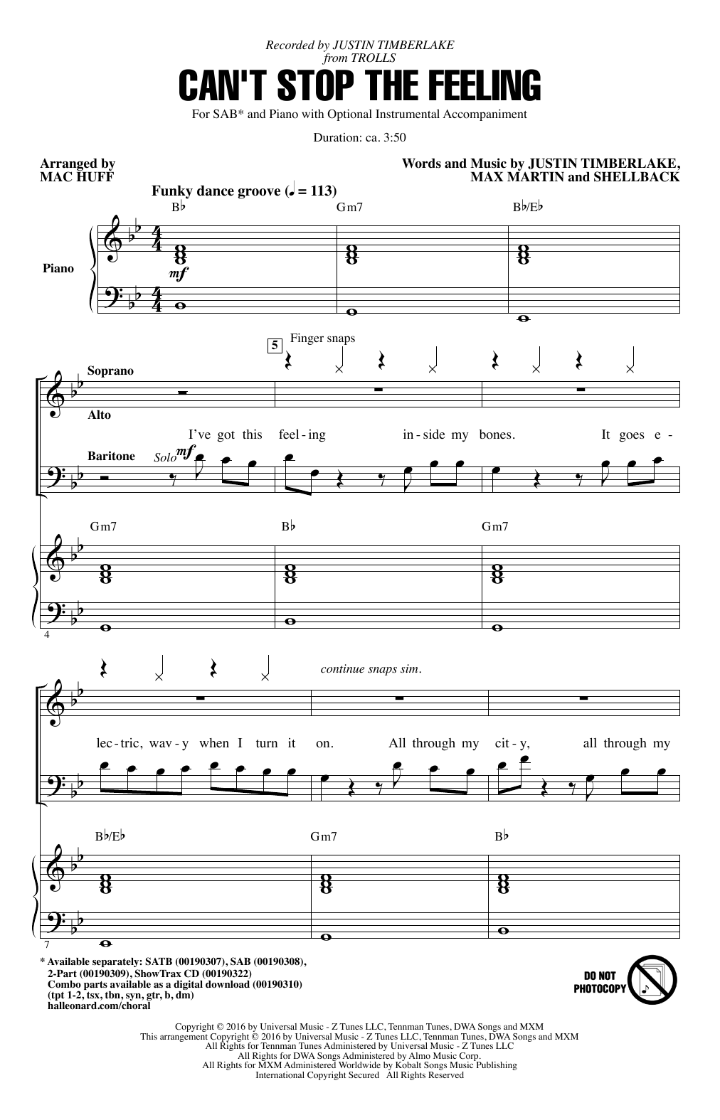 Produktgalerie: Seite 1 von 1 Can't Stop The Feeling (from Trolls) (arr. Mac Huff), Justin Timberlake, Chor