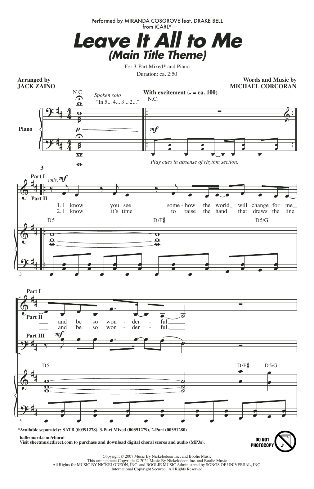 Produktgalerie: Seite 1 von 1 Leave It All To Me (Main Title Theme from iCarly) (arr. Jack Zaino), Miranda Cosgrove, Chor