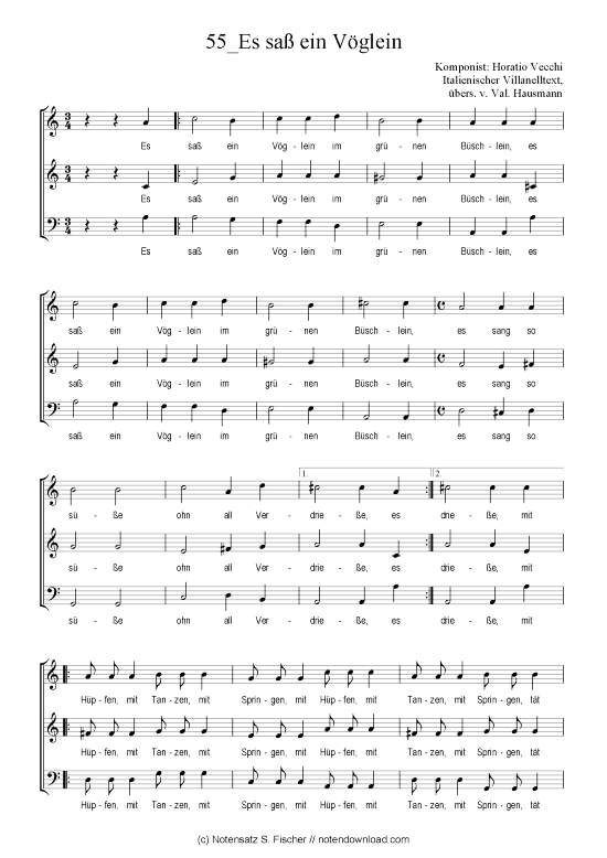Product picture to: Es saß ein Vöglein Horatio Vecchi Italienischer Villanelltext, übers. v. Val. Hausmann