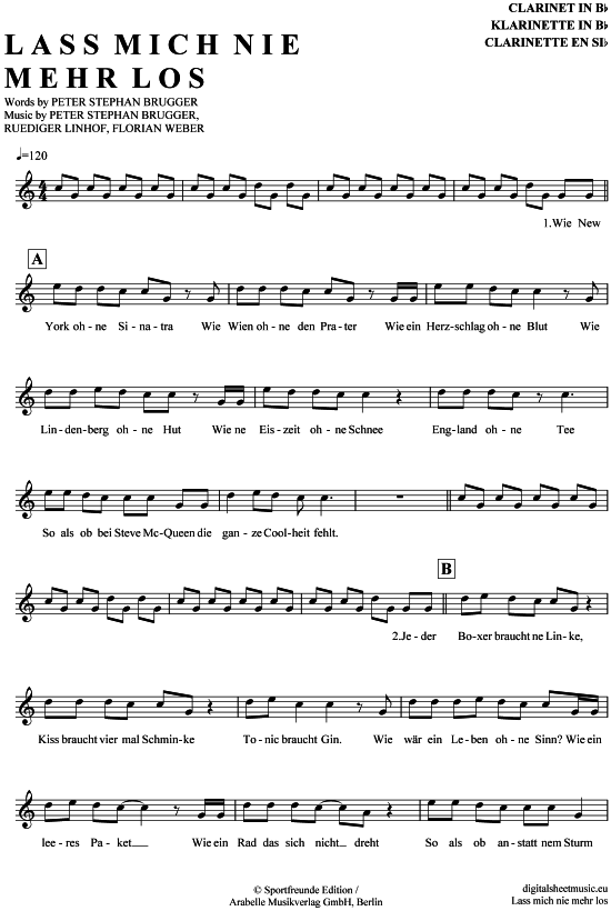 Product gallery: Page 1 of 4 Lass mich nie mehr los , Sportfreunde Stiller, Clarinet in B-flat