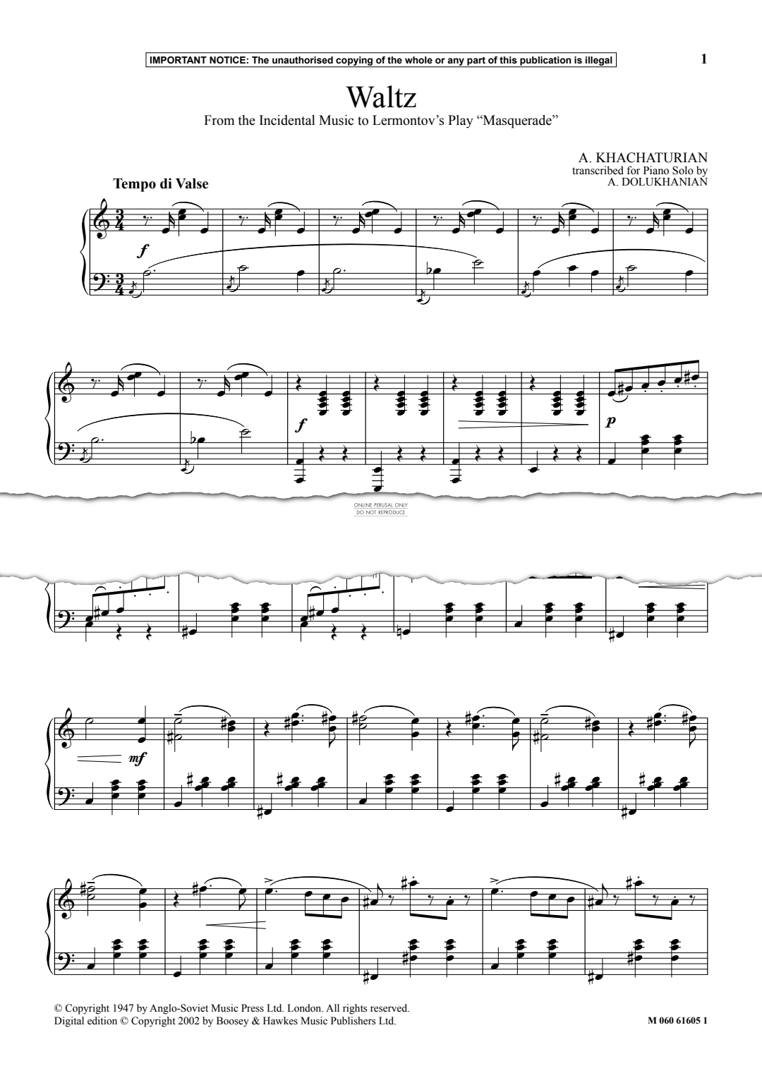 Product gallery: Page 1 of 1 Waltz (from the Incidental Music to Lermontov’s Play 'Masquerade'), Aram Khachaturian