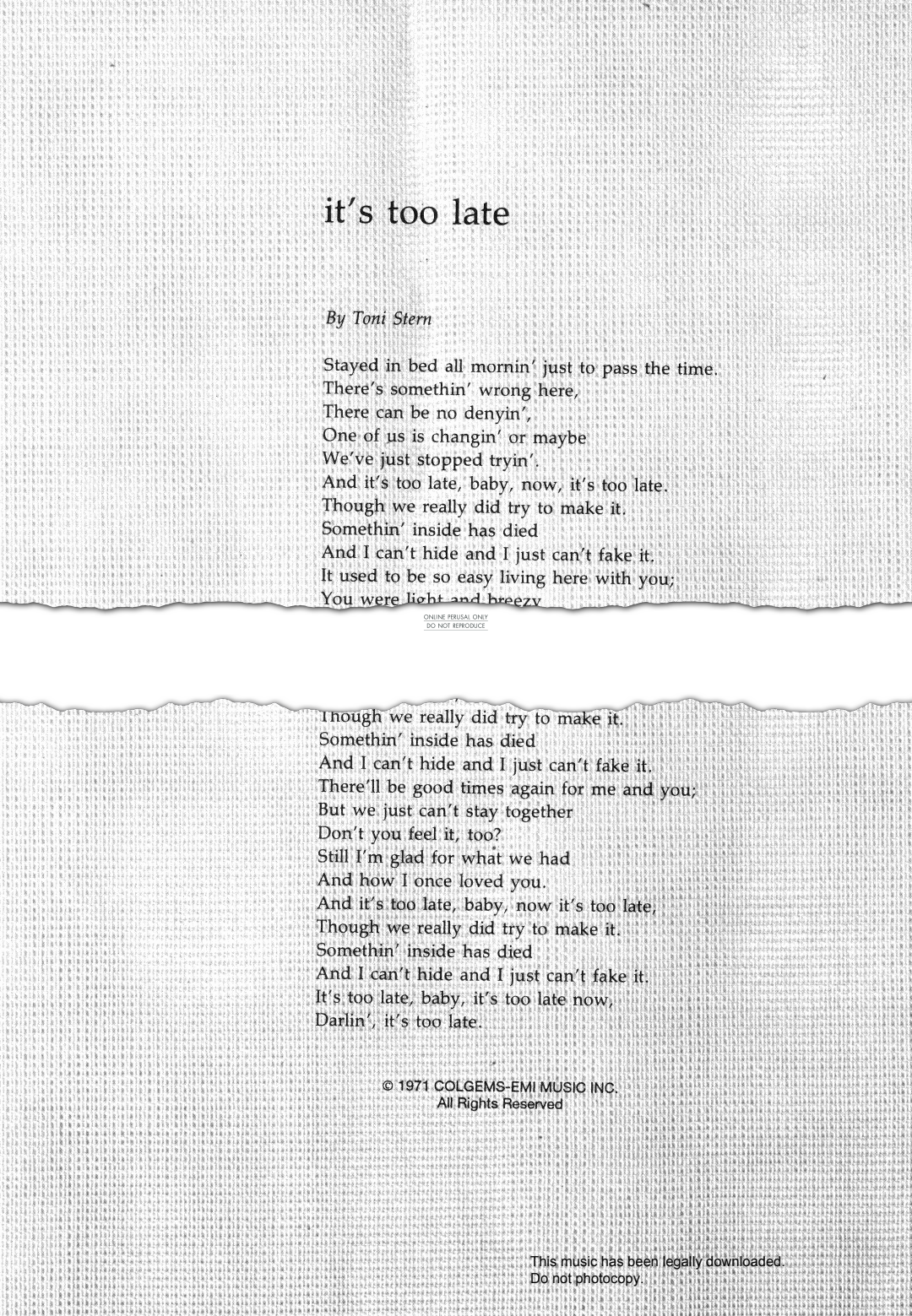 Produktgalerie: Seite 1 von 1 It's Too Late, Carole King, Gesang, Gitarre, Klavier