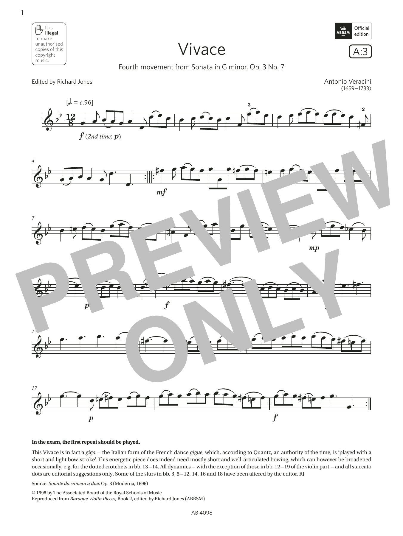Product gallery: Page 1 of 1 Vivace (Grade 4, A3, from the ABRSM Violin Syllabus from 2024), Antonio Veracini