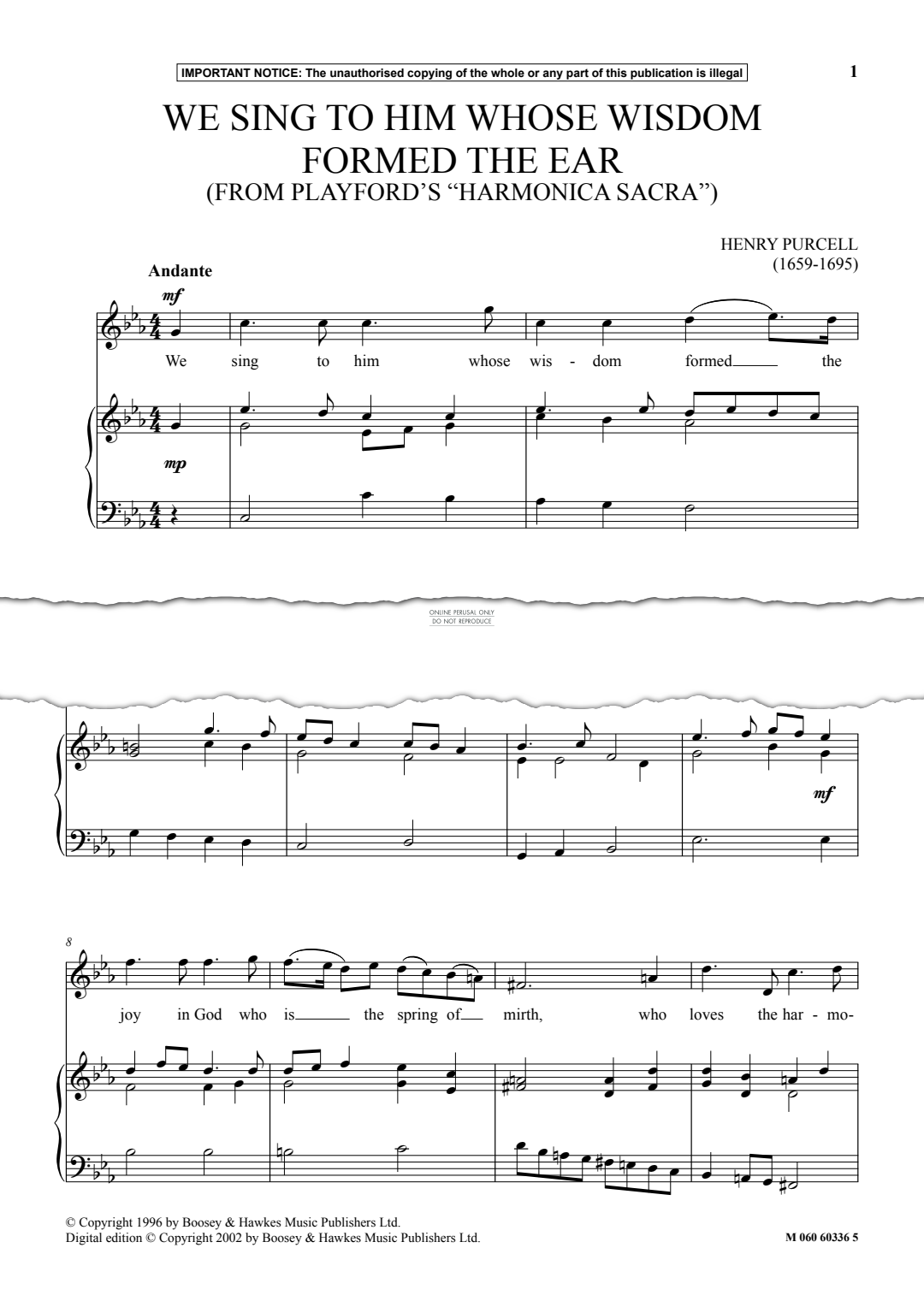 Produktgalerie: Seite 1 von 1 We Sing To Him Whose Wisdom Formed The Ear (from Playfords Harmonica  Sacra), Henry Purcell, Gesang, Klavier