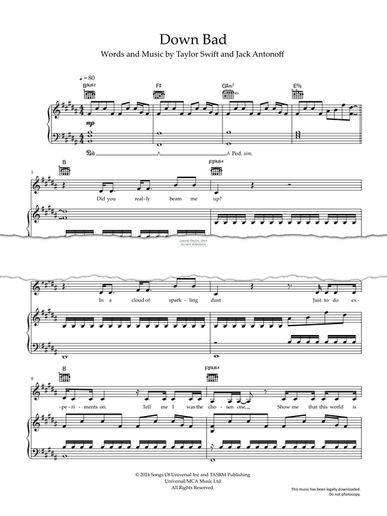 Produktgalerie: Seite 1 von 1 Down Bad, Taylor Swift, Gesang, Gitarre, Klavier