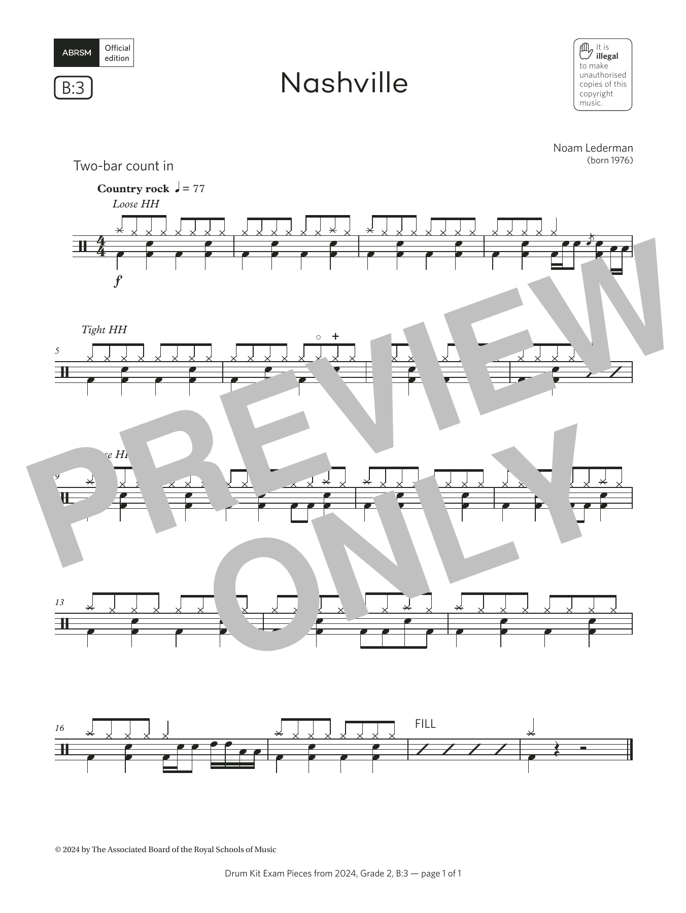 Product gallery: Page 1 of 1 Nashville (Grade 2, list B3, from the ABRSM Drum Kit Syllabus 2024), Noam Lederman