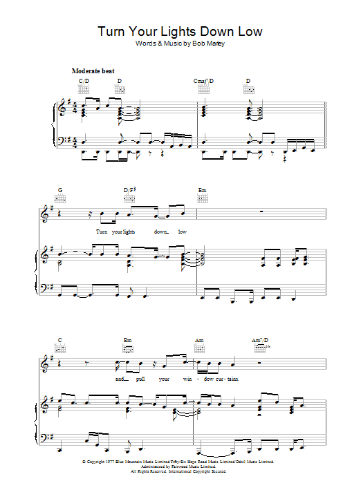 Produktgalerie: Seite 1 von 1 Turn Your Lights Down Low, Bob Marley, Gesang, Gitarre, Klavier