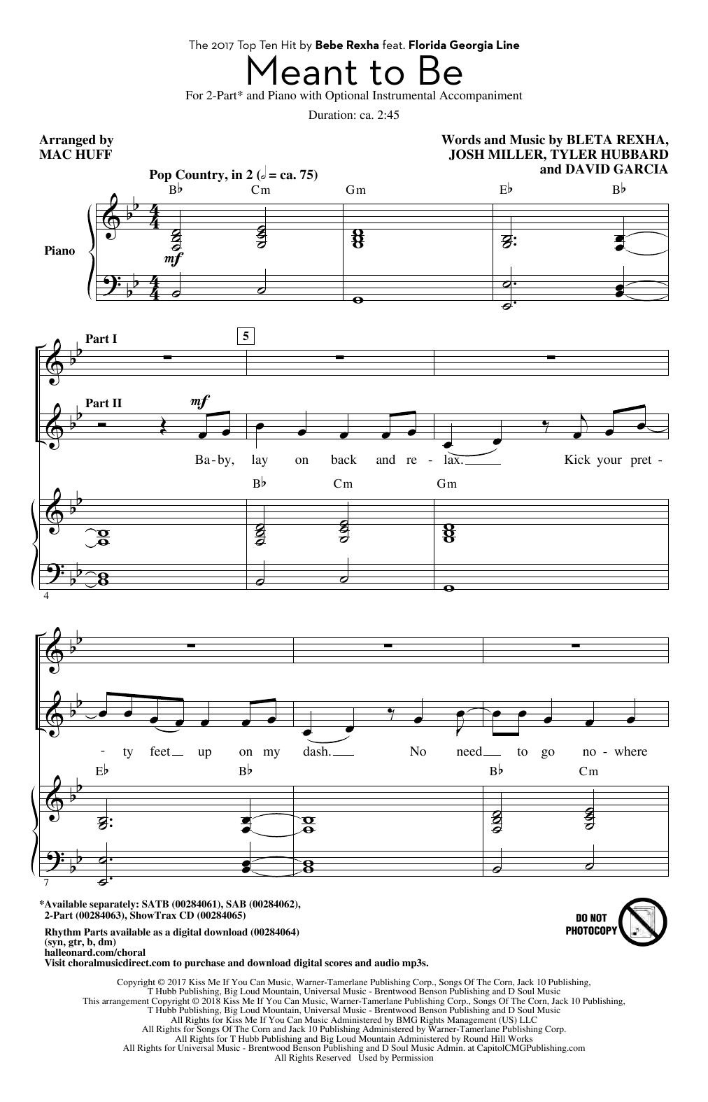Produktbild zu: Meant To Be (feat. Florida Georgia Line) (arr. Mac Huff)
