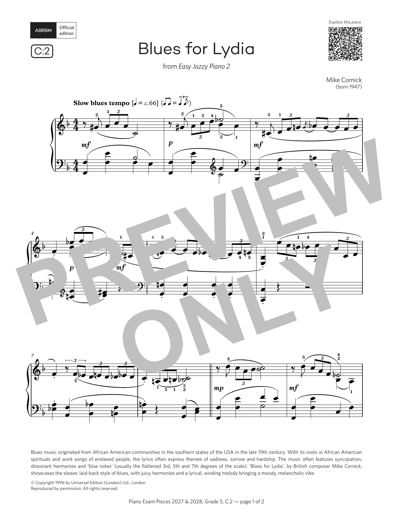 Product gallery: Page 1 of 1 Blues for Lydia (Grade 5, list C2, from the ABRSM Piano Syllabus 2027 & 2028), Mike Cornick