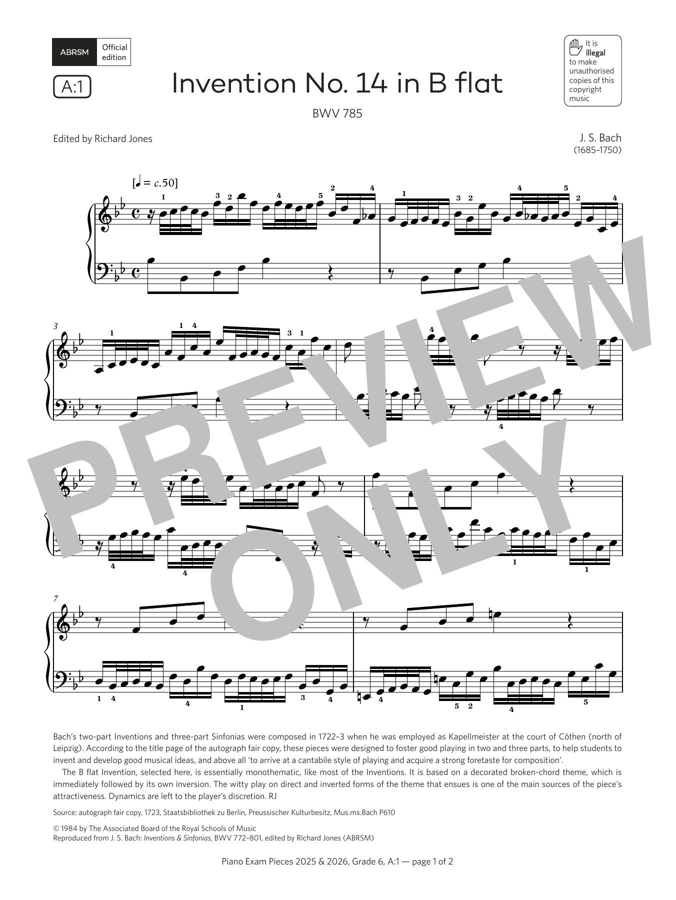 Produktbild zu:  Invention No. 14 in B flat (Grade 6, list A1, from the ABRSM Piano Syllabus 2025 & 2026) - J. S. Bach
