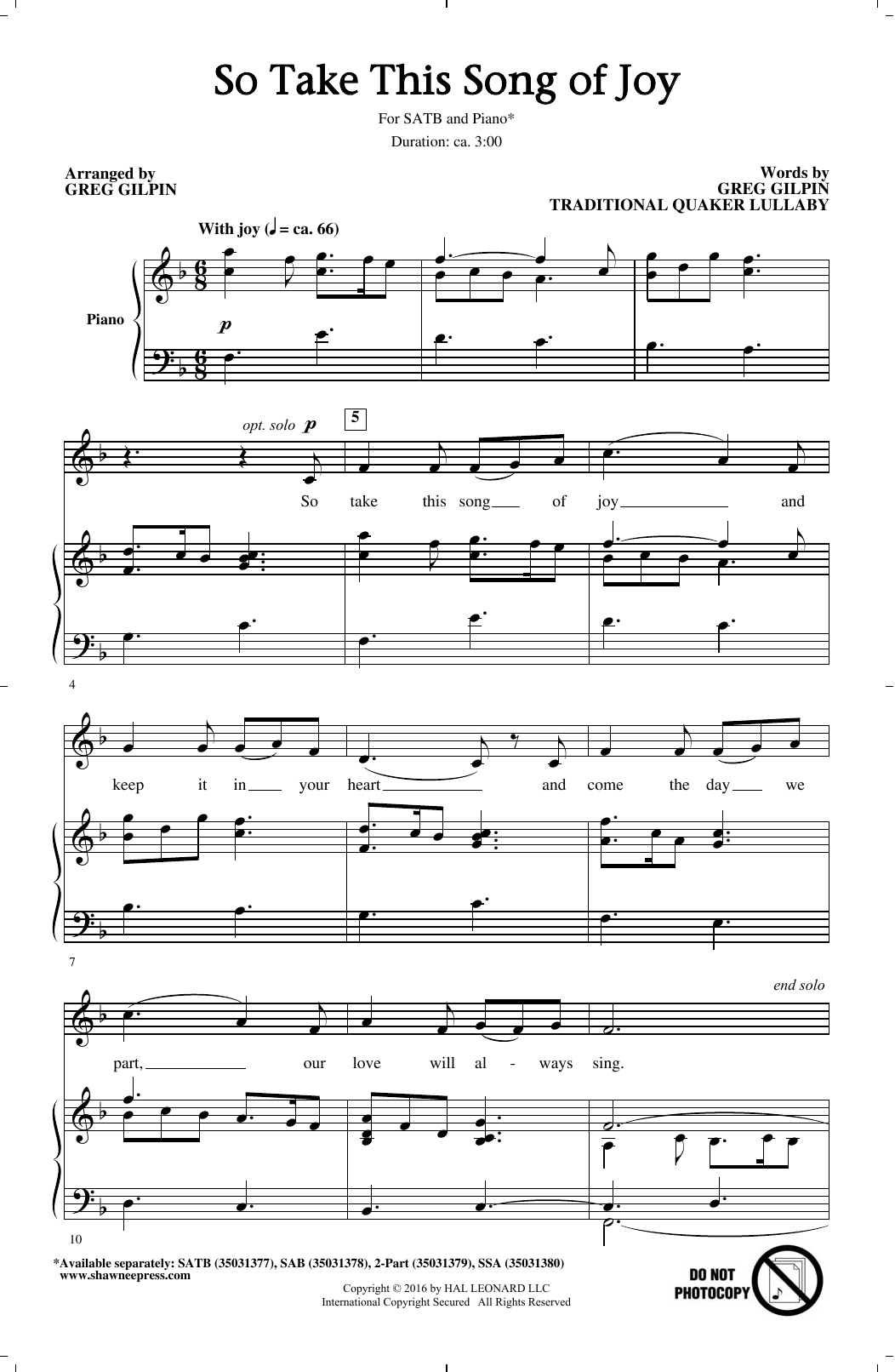 Produktbild zu: So Take This Song Of Joy