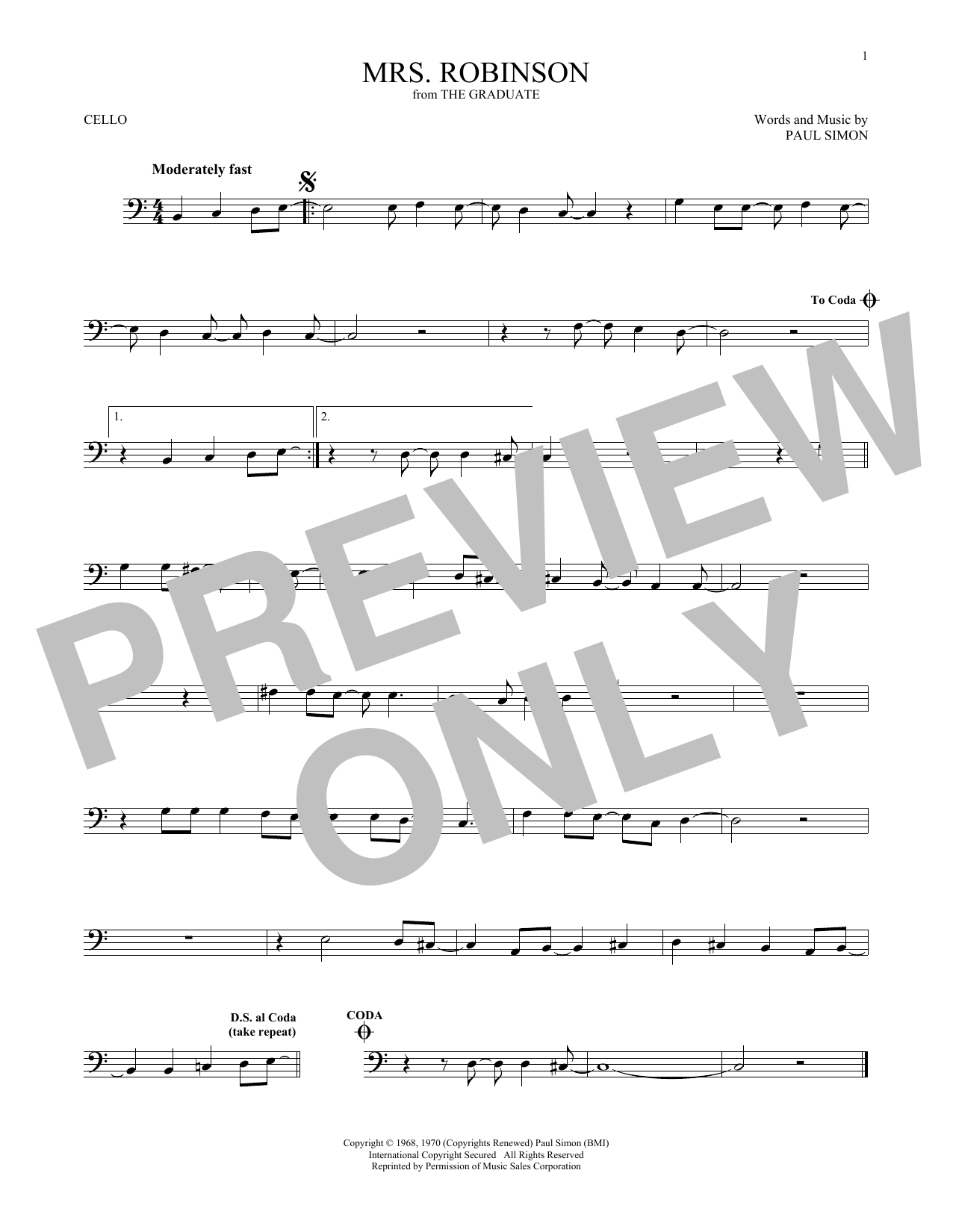 Produktgalerie: Seite 1 von 1 Mrs. Robinson, Simon & Garfunkel, Violoncello