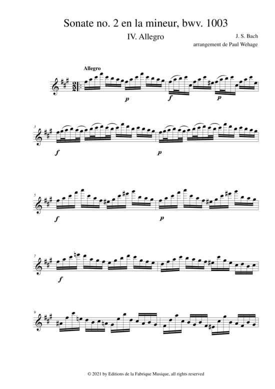 Product picture to: Allegro from the Sonata No. 2, BWV 1003Johann Sebastian Bach/Paul Wehage