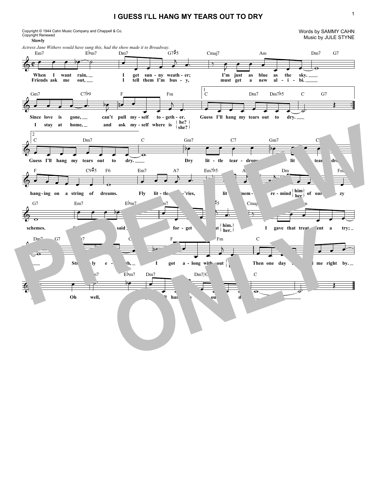 Product gallery: Page 1 of 1 I Guess I'll Hang My Tears Out To Dry, Sammy Cahn