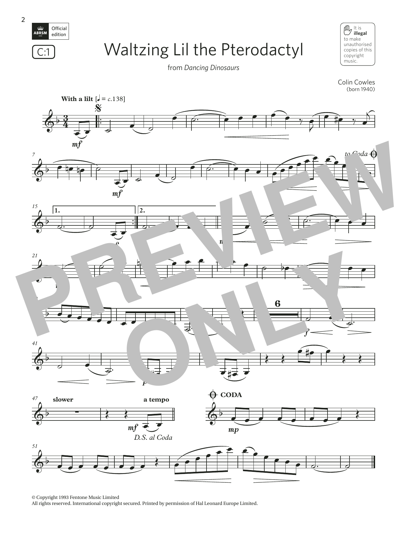 Product gallery: Page 1 of 1 Waltzing Lil the Pterodactyl (Grade 3 List C1 from the ABRSM Clarinet syllabus from 2022), Colin Cowles