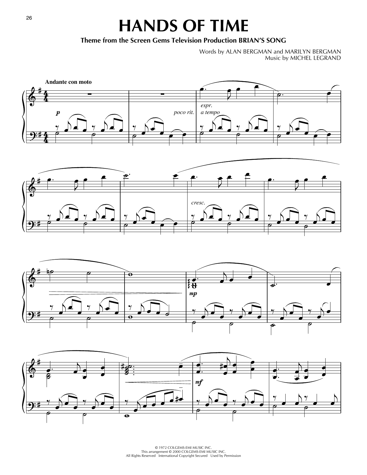 Product picture to: Hands Of Time (from Brian's Song) (arr. Phillip Keveren)