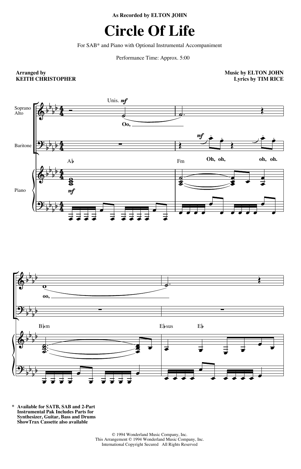 Product gallery: Page 1 of 1 Circle Of Life (from The Lion King) (arr. Keith Christopher), Elton John