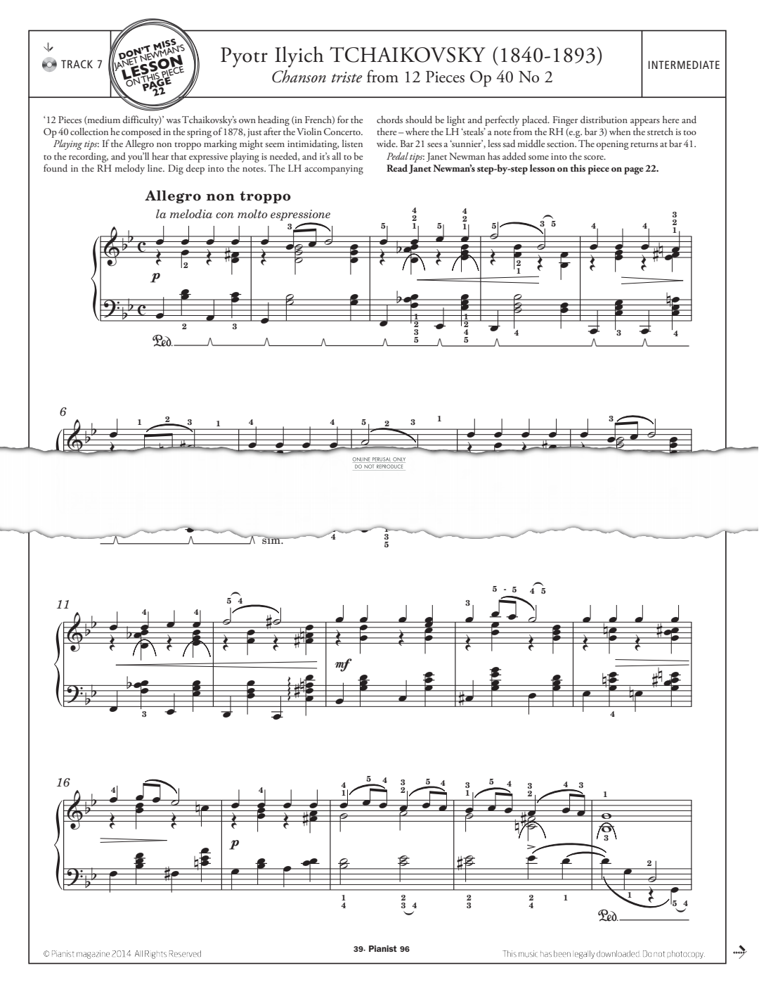 Product gallery: Page 1 of 1 Chanson Triste from '12 Pieces Op.40, No.2', Pyotr Ilyich Tchaikovsky