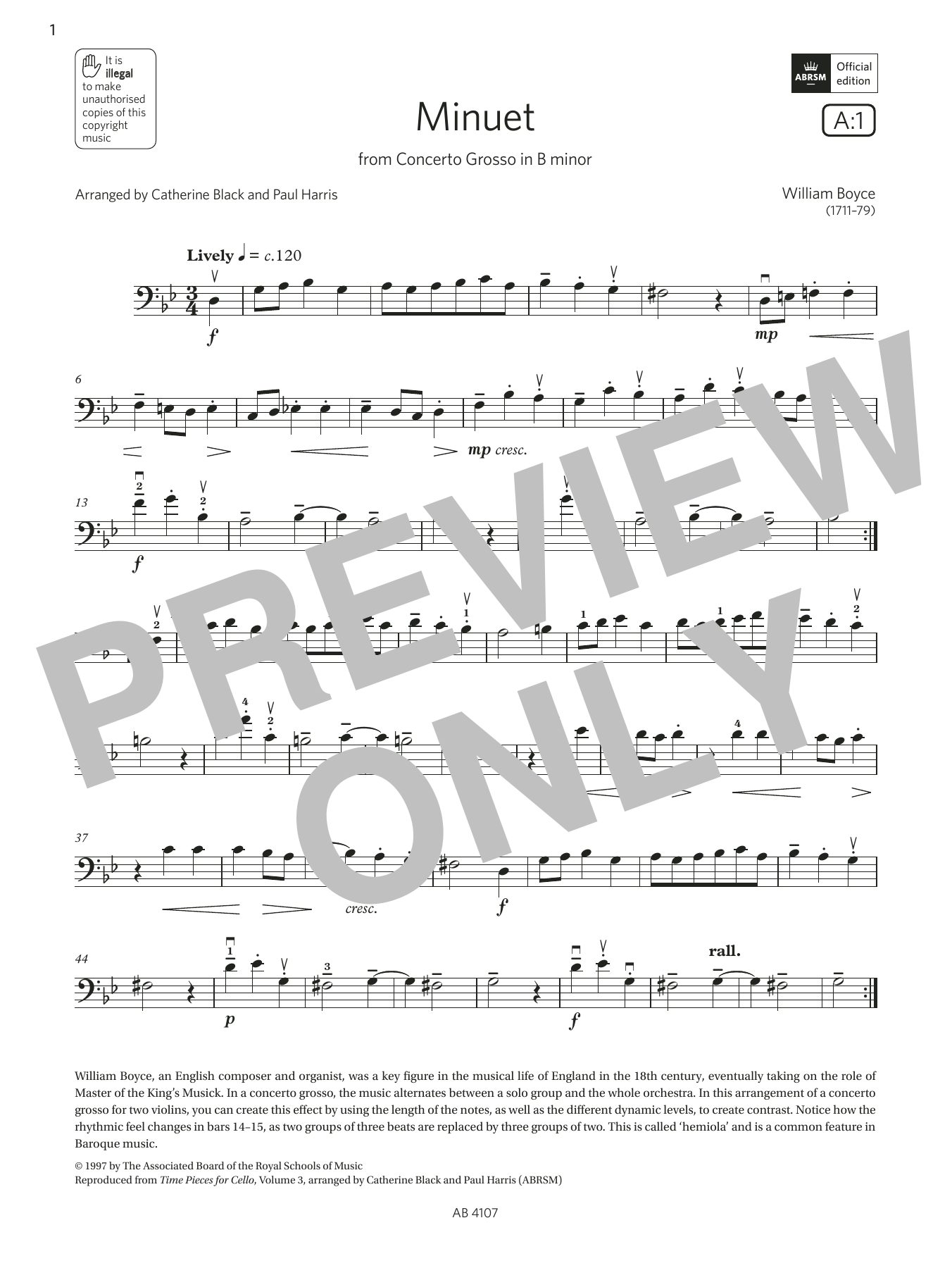 Produktbild zu:  Minuet (Grade 4, A1, from the ABRSM Cello Syllabus from 2024) - William Boyce