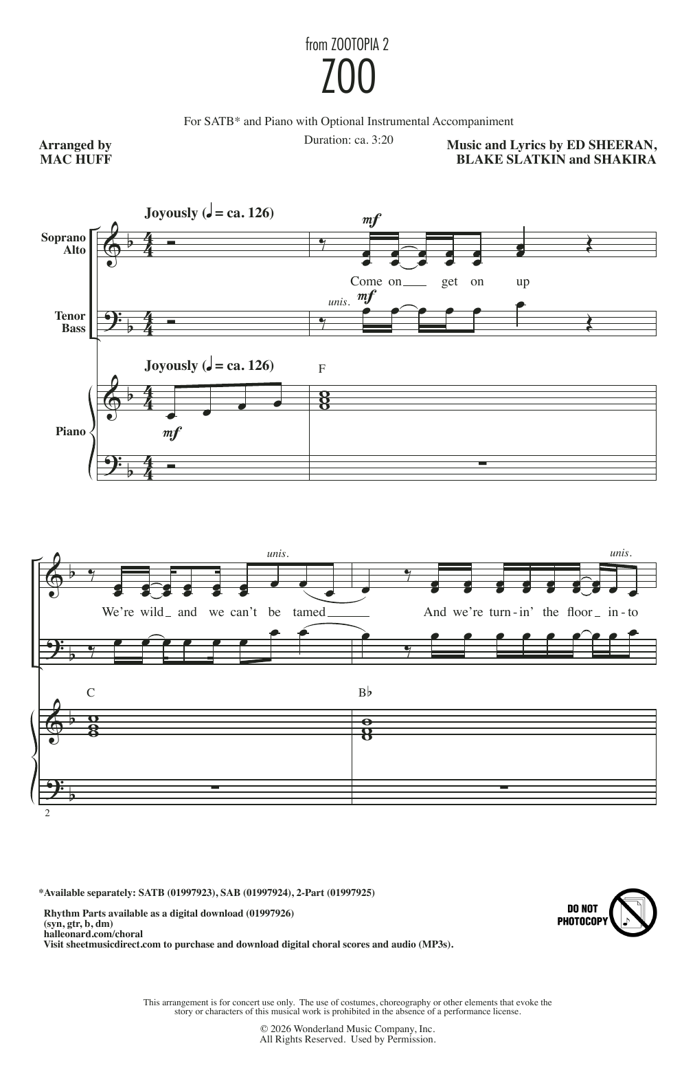 Produktgalerie: Seite 1 von 1 Zoo (from Zootopia 2) (arr. Mac Huff), Shakira, Chor