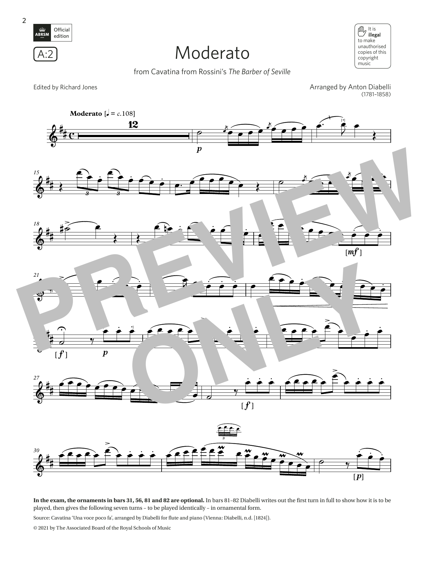 Product gallery: Page 1 of 1 Moderato (from Rossini's The Barber of Seville)(Grade 7 A2 from the ABRSM Flute syllabus from 2022), Anton Diabelli