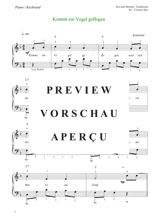 Product picture to: Kommt ein Vogel geflogen (Vers.2 in F- Dur)  (Piano / Keyboard) Traditional