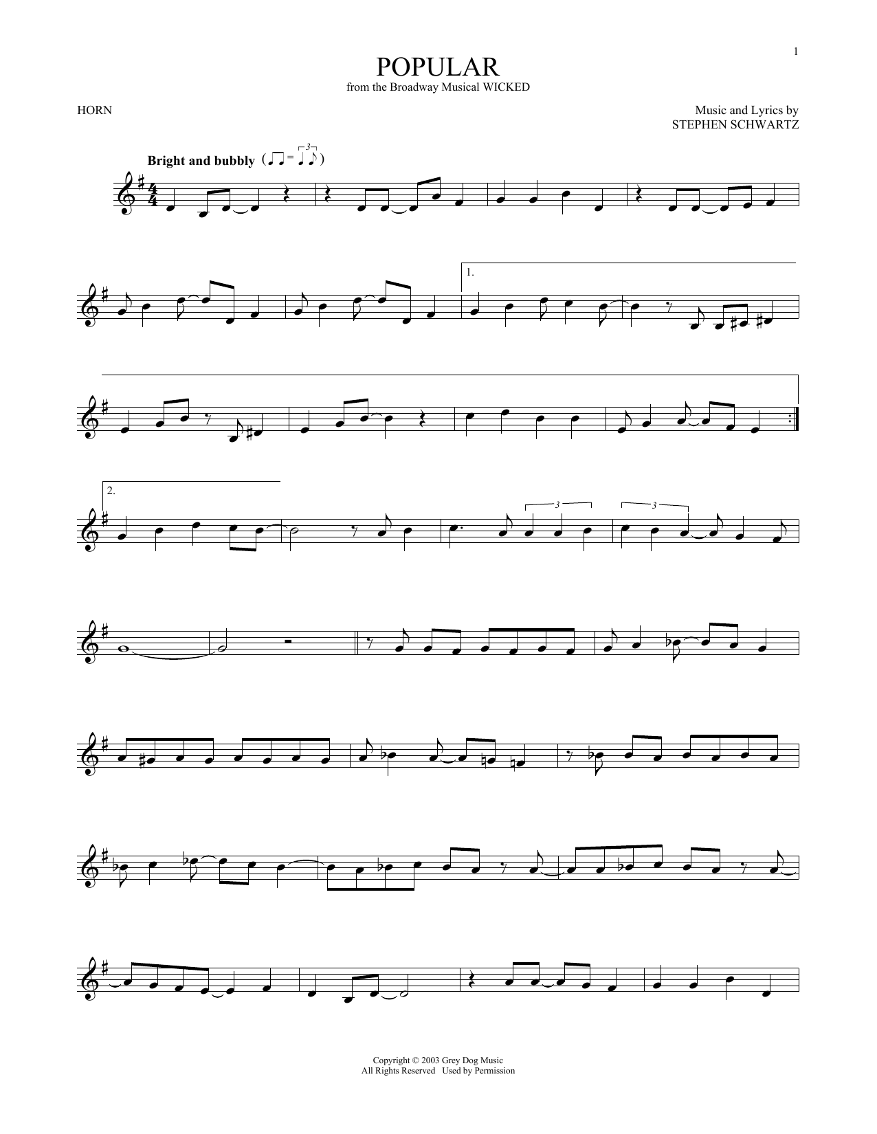 Produktgalerie: Seite 1 von 1 Popular (from Wicked), Stephen Schwartz, Horn