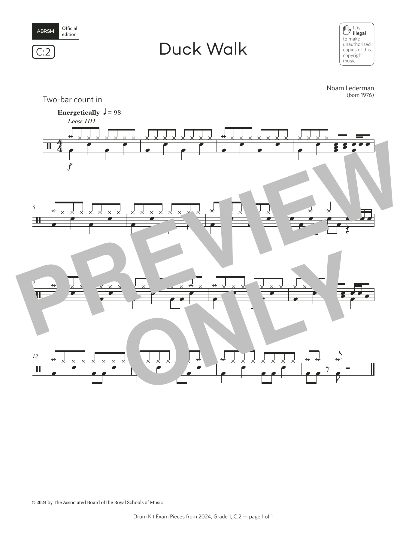 Product gallery: Page 1 of 1 Duck Walk (Grade 1, list C2, from the ABRSM Drum Kit Syllabus 2024), Noam Lederman