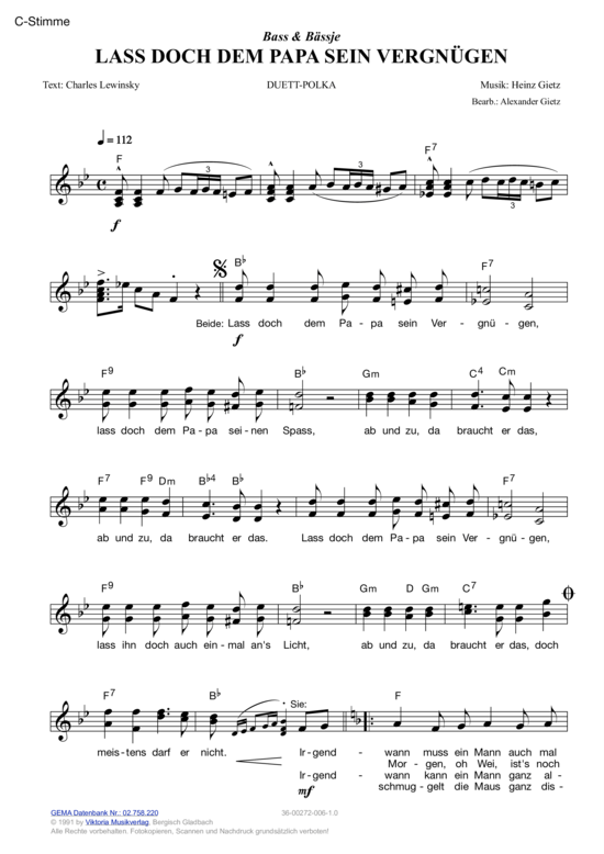 Produktgalerie: Seite 1 von 11 Lass doch dem Papa sein Vergnügen , Bass & Bässje, (Melodie-Stimmen in C/B/Es)